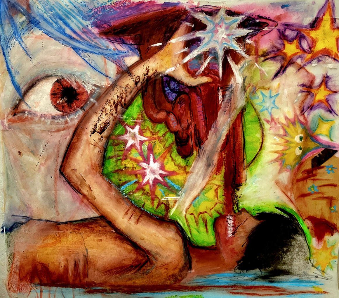 Untitled, April 2024, Mixed Media, 22 in x 20 in Materials: Oil Pastels, Blood, Marker, Colored Pencils, Crayon